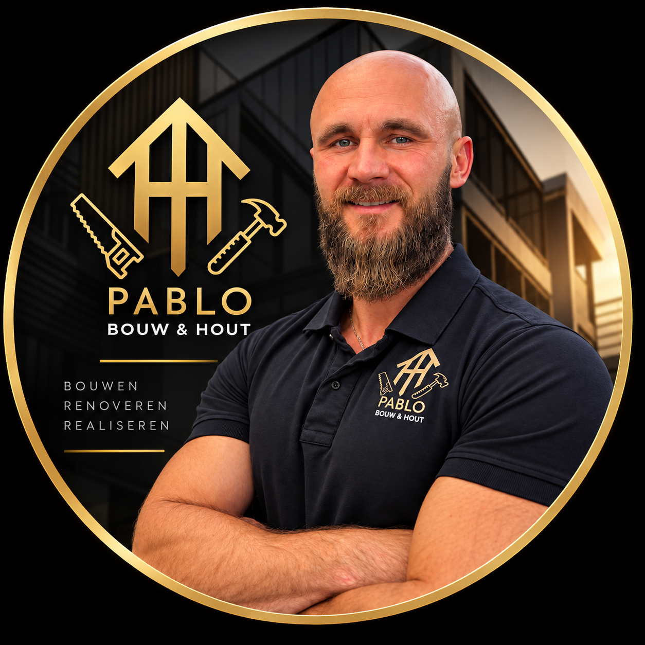 PABLO BOUW & HOUT - Paweł met gouden logo en cirkelframe